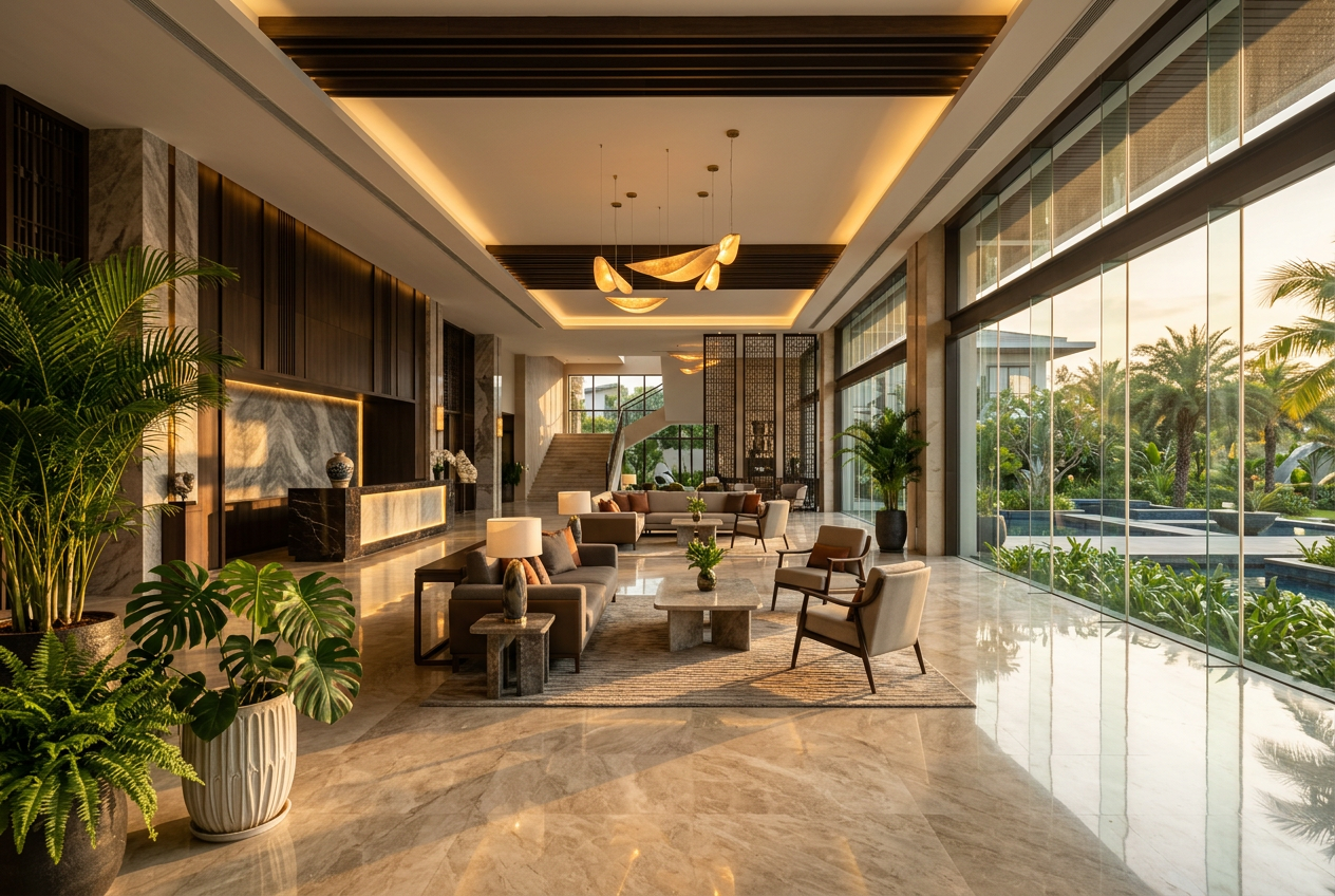 Không gian sảnh khách sạn sang trọng tại Việt Nam, ánh sáng tự nhiên và cây xanh