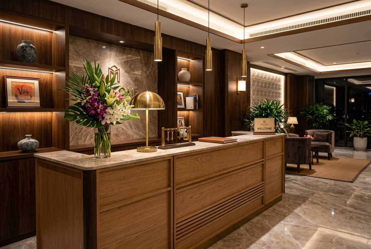Quầy lễ tân boutique hotel Việt Nam trang nhã, ánh đèn ấm áp và hoa tươi