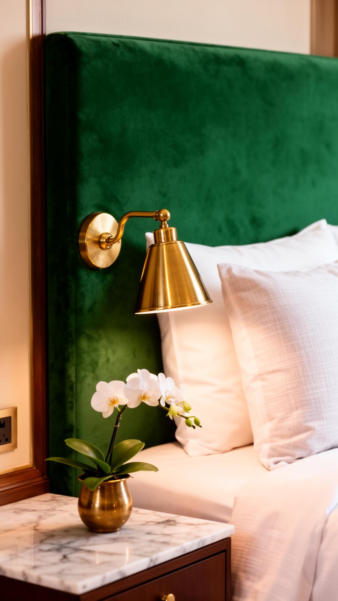 Chi tiết phòng khách sạn với headboard nhung xanh và đèn đồng